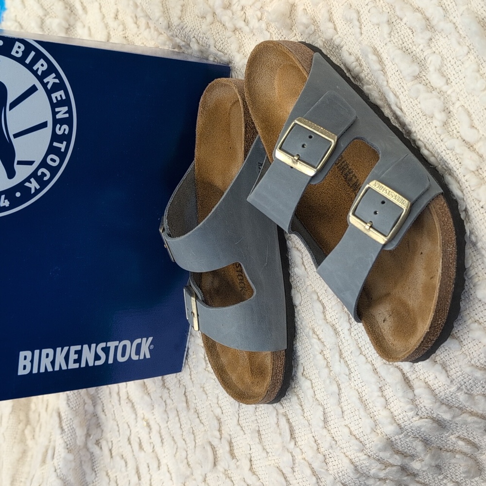 Birkenstock Arizona Sandals in Gray with Gold Buckles